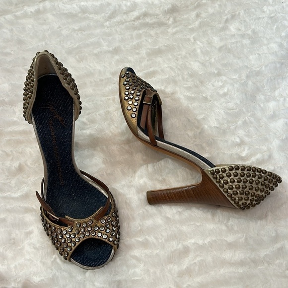 Giuseppe Zanotti Rhinestone Studded Bronze And Brown w Denim Insole Sandals 6.5 - Picture 11 of 12